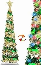 5FT 50-Light Pop-Up Prelit Slim Christmas Tree with Timer, Sequins, and Battery for Indoor Holiday Decor