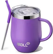 [Mollcity] Kids Tumbler with Handle 350ML/12 oz Stainless Steel Double Wall Vacuum Insulated Cup with Lids and Straws-Reusable Metal Tumbler for Girls (Purple)