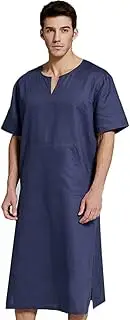 [XUEMML] Men's Nightshirt V Neck Cotton, Comfy Big& Tall Cotton and Linen Nightwear Shirts Sleeve Soft Loose Pajama Sleep Robes (Color : Navy Blue, Size : L)