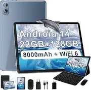 2025 Newest Tablet 10 pollici Android 14, 22GB RAM + 128GB ROM/TF 1TB, 8-core 2.0GHz, 8000mAh, UFS 2.1 Flash, Corpo in Metal, Doppio WiFi, BT5.0, 8+5MP, Widevine L1, Con Tastiera e Mouse, Grey