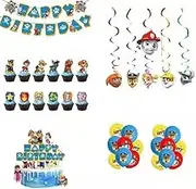 Dog Birthday Party Supplies, Pawtrol Party Decorations Set Include Banner, Backdrop, Balloons, Hanging Swirls, Cake Cupcake Toppers, for Boys Girls Theme Party