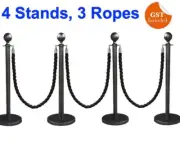 4 BLACK Queue Barriers Stand 3 Twisted Ropes Crowd Control Bollard Stanchion