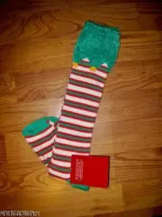 WOMENS KNEE HIGH GREEN/WHITE/RED STRIPE ELF~SANTA SOCKS~JINGLE BELLS~NWT