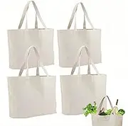 4 Pack Canvas Shopping Bags, Reusable Canvas Tote Bags, Large Shopping Bags, Lightweight and Washable, Multi-Purpose Blank Canvas Bags for Shopping, Grocery, DIY, Gift Bags, etc.