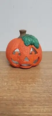 Pumpkin Tea Light Candle Holder Ceramic 4" Jack-O-Lantern Halloween Vintage