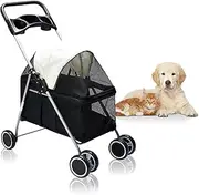 PaWz 4 Wheels Foldable Pet Stroller Dog Cat Travel Carrier Large Black, Removable Canopy Dog Pram with 2 Safety Leash, Detachable Folding Pet Stroller Trolley for Cats Dogs, Pet Carrier with Wheels