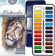 MozArt Supplies Watercolour Paint Essential Set - 24 Vibrant Colours - Lightweight and Portable - Perfect for Budding hobbyists and Professional Artists - Paintbrush Included