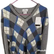 NWT Deadstock Vintage Neiman Marcus 100% Lambswool Argyle V-Neck Sweater Size XL