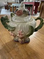 Vintage Fitz & Floyd Oceana Sugar/Condiment Jar & Spoon - Seashells Coral Ferns