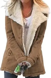[EdNey] Winter Jackets For Women Plus Size Lamb Wool Outdoor Warm Thick Lining Fleece Jacket Lapel Collar Button Down Outerwear, Khaki, Medium