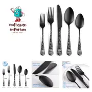 40 Piece Skull Pattern Matte Silverware Set for 8, Black set Service for 8,Go...