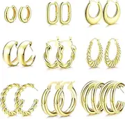 [Sanfenly] 9 Pairs 14K Gold Hoop Earrings for Women Girls Chunky Gold Hoop Earrings Hypoallergenic Lightweight Thick Open Hoop Earrings Twisted Huggie Hoop Earrings