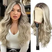 SOMIARIK 13x4 Synthetic Lace Front Wig Short Wavy Pale Blonde With Dark Roots wigs Pre Plucked with Baby Hair Natural Looking 150% Density Heat Resistant Party Date Daily Wear 22 Inch