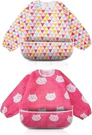 Little Dimsum Full Sleeved Feeding Bib 2 Pack,Baby & Toddler Waterproof Bib Apron,Food Protection Large Pocket Eating Smock 6-48 Months(pink&red)