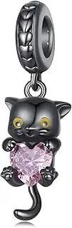[Generic] 925 Sterling Silver Charms Pendant for Pandora Bracelet-Black Cat Pink Zirconia Charm Bead-Women Girls Jewelry