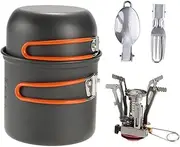 Outdoor Camping Hiking Cookware with Mini Camping Piezoelectric Ignition Stove Backpacking Cooking Picnic Pot Set Cook Set with Fork and Spoon
