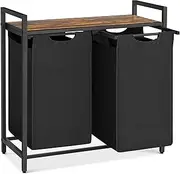 VASAGLE 2-Compartment Laundry Hamper, Pull-Out and Removable Laundry Bags, Shelf, Metal Frame, 2 x 46L, 73 x 33 x 72 cm, Black with Extra Storage Space