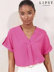 Lipsy Neutral/Blush Utility V-Neck Short Roll Sleeve Top (AP8315) | $69