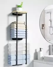 Towel Racks for Bathroom, 2 Tier Wall Towel Holder with Wood Shelf, Metal Wall M