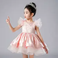 在飛比找蝦皮商城精選優惠-女童公主洋装 珍珠荷葉邊連衣裙 兒童 2-6 岁可爱短禮服 