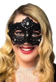 Glitter and Floral Lace Overlay Black Masquerade Mask