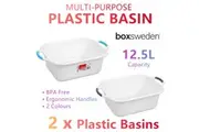 2x Plastic Rectangle Washing Basin Bucket Storage Box Laundry Tub Handles 12.5L