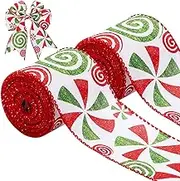 2 Rolls/ 12 Yard Christmas Candy Peppermint Wired Edge Ribbon 2.5 Inch Wide Burlap Ribbon for DIY Craft Wreath, Tree Decoration, Gift Wrapping, Party (Candy Pattern)