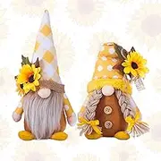 2PCS Sunflower Gnomes Plush Decorations, Summer Gnomes, Spring Gnomes, Scandinavia Honey Buffalo Plaid Sunflower Gnome Plush for Tiered Tray Kitchen Decor, Farmhouse Swedish Nisse Tomte Home Oranment