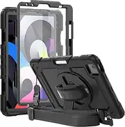 iPad Pro 11 Case Cover 2020 2018 iPad Air 4 Case for Kids 2020 | Herize iPad 10.9 Inch 2020 Case with Built-in Screen Protector | Shockproof Silicone Rubber Case w/ 360 DEGREE Rotation Kickstand Hand/Shoulder Strap for iPad Air 4th Gen | Black