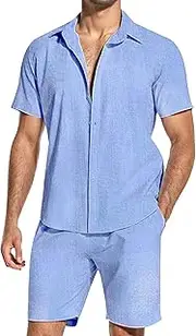 [Maiyifu-GJ] Mens 2 Pieces Cotton Linen Set Casual Fashion Beach Outfits Summer Short Sleeve Button Down Shirts and Shorts Sets, Light Blue, Small