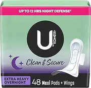 U by Kotex Clean & Secure Overnight Maxi Pads with Wings, Extra Heavy Absorbency, 48 Count (2 Packs of 24) (Packaging May Vary)
