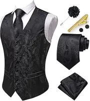 [Hi-Tie] Mens Silk Suit Vest Necktie Set Formal Tie Pockest Square Cufflinks Set For Wedding Party Business Dress Waistcoat