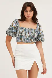 Boho Print Rayon Half Sleeve Shirred Cropped Top - Size 8, Women's Crop Top