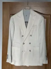 BRUNELLO CUCINELLI BEIGE LINEN, WOOL AND SILK DOUBLE-BREASTED BLAZER JACKET 44