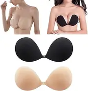 [Oimaik] Push Up Bra Invisible Bra 2 Pack, Reusable Backless Bra, Strapless Adhesive Sticky Bra for Women, Stick on Bra for Evening Dress, Party, Wedding, Beach, All Backless Clothes Skin