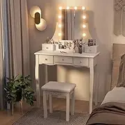 Giantex Vanity Desk with Lighted Mirror, Makeup Table with Lights, 3 Color Modes, Adjustable Brightness, 5 Drawers and Soft Cushioned Stool for Bedroom Studio, Dressing Table with Lighted Mirror