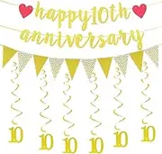 Happy 10th Anniversary Letter Banner bunting Triangle Banner Flag Hanging Swirls Streamers For 10th Birthday Anniversary 10th Wedding Anniversary 10th Graduation Party bunting Decoration