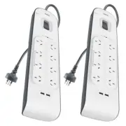 2x Belkin 2M 8 Way Power Board Outlet Surge Protector 2.4A 2 USB Port Charger