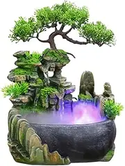Outdoor Water Feature Creative Indoor Simulation Resin Rockery Waterfall Statue Feng Shui Water Fountain Home Garden Crafts Garden Decoration(As Shown with Fog)