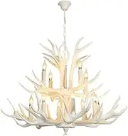 Large Resin Antler Chandelier White Wood Farmhouse Chandelier Rustic 12 Lights Deer Horn Pendant Light Candle Style Rerto Lodge Cabin Light Fixture for Living Room Dining Room