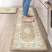 Farmhouse Kitchen Mats for Floor Anti Fatigue, Vintage Waterproof Kitchen Rugs Non Slip Cushioned,Distressed Kitchen Mat for Office Sink(Khaki)