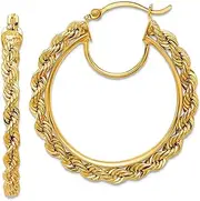 [JewelryWeb] 10k Solid Yellow Gold Polished and Sparkle Cut Rope 2.95mm Hoop Earrings-Hoop Earring for Women