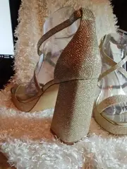 IDIFU Women's Gold Glitter Platform High Chunky Heels Open Toe Sandal Size 9 NEW