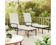 Set of Two Black PE Rattan Sun Loungers with Footrest for Patio and Garden Comfort