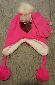 NWT A22 Girls Pink Sequin Heart 2 piece Cold Weather set Hat Gloves Tech - #1