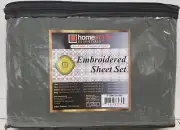 4pc Queen Bed Embroidered Sheet Set:flat&fitted sheets,pillowcasesGREEN GREY,HS