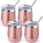 Volhoply 12oz Stainless Steel Wine Tumbler with Lid Bulk 4 Pack,Double Wall Vacuum Stemless Wine Glasses,Reusable Metal Travel Coffe Mug with Straw,Insulated Cup Gifts for Christmas（Rose Gold,4 Set）