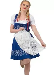 XS 2 Short EMBROIDERED German Dirndl Dress + Lace Apron + Top Oktoberfest Blue
