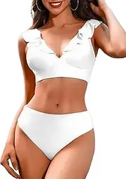 [XAIODRAGONSKY] Women Push Up Bikini Top High Waisted Bikini Sets Tummy Control Swimsuits Two Piece Bathing Suit, White, Medium