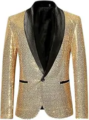 [Generic] Men's Sequins Suit Jacket Shiny Sparkly One Button Blazer Glitter Clothes Party Tuxedo Wedding Prom Festival Costume, I-gold, Large